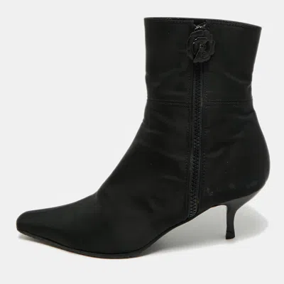 Pre-owned Chanel Size 38 Black Nylon Camellia Flower Zip Ankle Length Boots