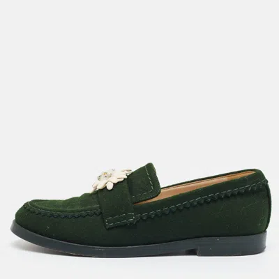 Pre-owned Chanel Size 38 Green Wool Edeweiss Flower Brooch Loafers