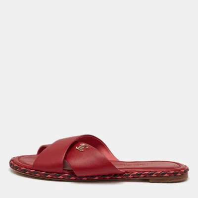 Pre-owned Chanel Size 38 Red Leather Braided Trim Criss Cross Cc Flat Slide Sandals