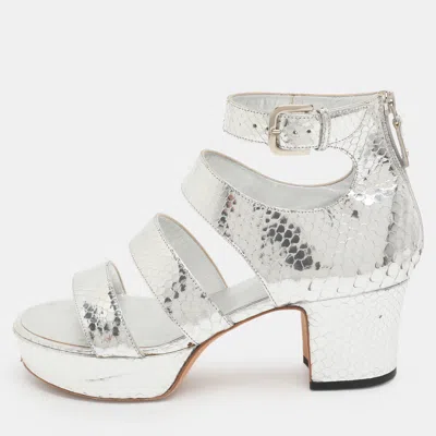 Pre-owned Chanel Size 38 Silver Python Leather Platform Sandals
