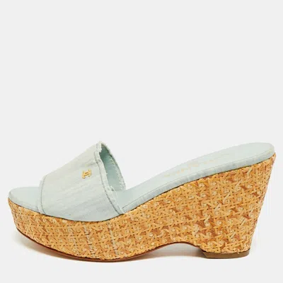 Pre-owned Chanel Size 38.5 Blue Canvas And Leather Wedge Platform Sandals