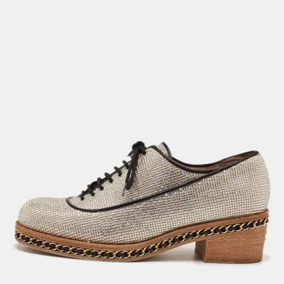 Pre-owned Chanel Size 38.5 Silver Suede Crystal Embellished Lace Up Oxfords