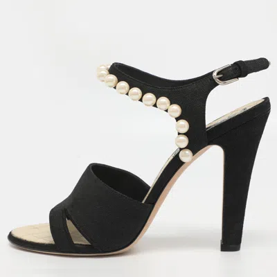 Pre-owned Chanel Size 39 Black Suede Pearl Embellishment Sandals
