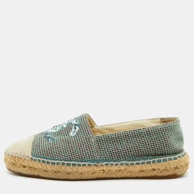 Pre-owned Chanel Size 39 Green/beige Knit Fabric Cc Sequins Espadrille Loafers