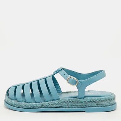 Pre-owned Chanel Size 39 Light Blue Leather Interlocking Cc Logo Gladiator Flat Sandals