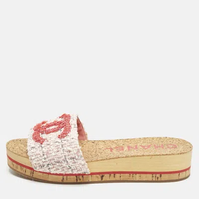 Pre-owned Chanel Size 39 Multicolor Tweed Cork Slide Sandals