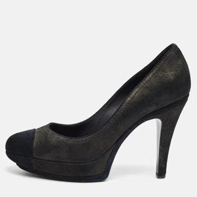 Pre-owned Chanel Size 39 Navy Blue/brown Suede Platform Pumps