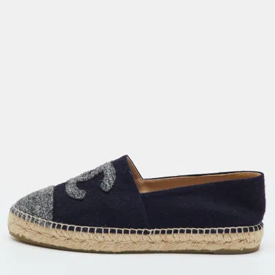 Pre-owned Chanel Size 39 Navy Blue/grey Felt Fabric Cc Cap Toe Espadrille Loafers