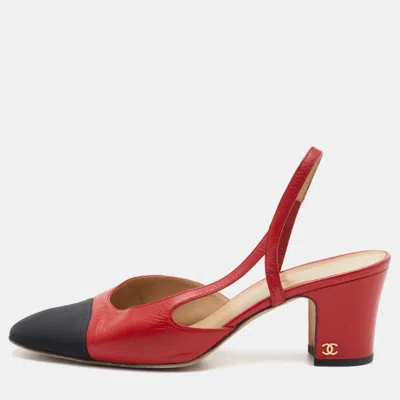 Pre-owned Chanel Size 39 Red/black Leather And Fabric Cap Toe Slingback Pumps