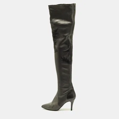 Pre-owned Chanel Size 39.5 Metallic Leather Knee Length Boots In Silver
