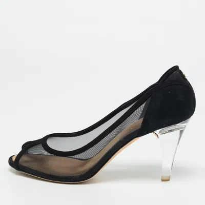 Pre-owned Chanel Size 40 Black Mesh And Suede Peep Toe Pumps