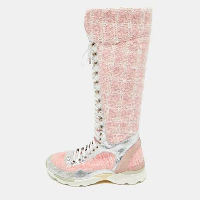 Pre-owned Chanel Size 40 Pink/silver Leather And Tweed Leather Knee High Top Sneaker Boots