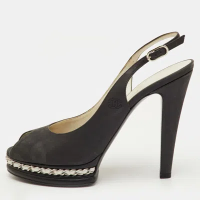 Pre-owned Chanel Size 40.5 Black Leather Chain Link Platform Slingback Sandals