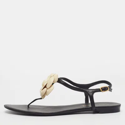 Pre-owned Chanel Size 40.5 Black Leather Flower Embellished Slingback Flat Sandals