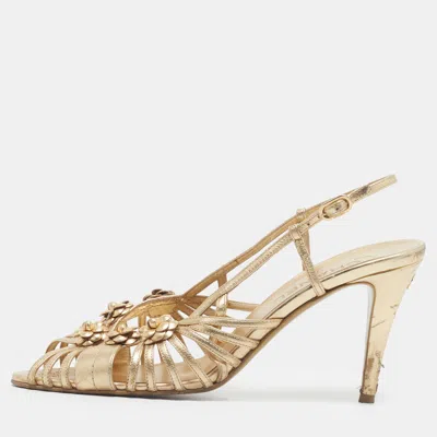 Pre-owned Chanel Size 40.5 Gold Leather Slingback Sandals
