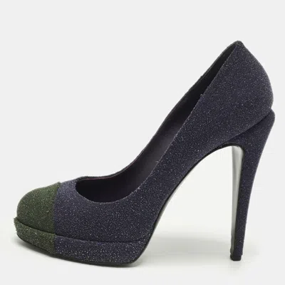 Pre-owned Chanel Size 40.5 Green/purple Glitter And Leather Interlocking Cc Logo Pumps