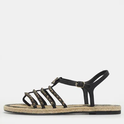 Pre-owned Chanel Size 41 Black Leather Cc Chain Link Strappy Espadrille Flats