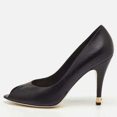 Pre-owned Chanel Size 41 Black Leather Cc Heel Peep Toe Pumps