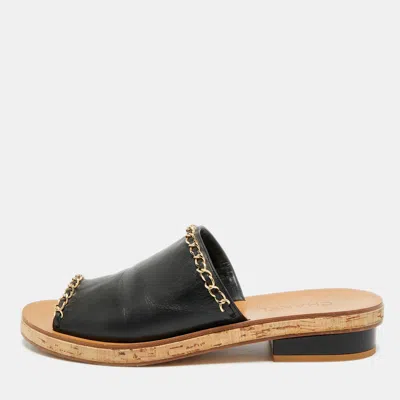 Pre-owned Chanel Size 41.5 Black Leather Chain Link Cork Slide Sandals