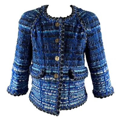 Pre-owned Chanel Size 6 Blue Light Blue Cotton Blend Stripe Jacket