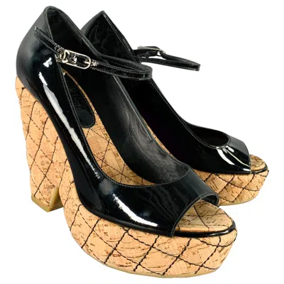 Pre-owned Chanel Size 6.5 Black Natural Patent Leather Quilted Cork Peep Toe Platform Pumps