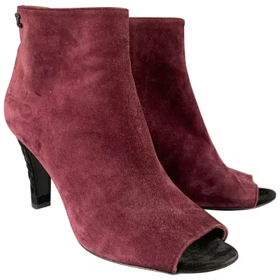 Pre-owned Chanel Size 8.5 Burgundy Suede Peep Toe Side Zipper Ankle Boots In Red