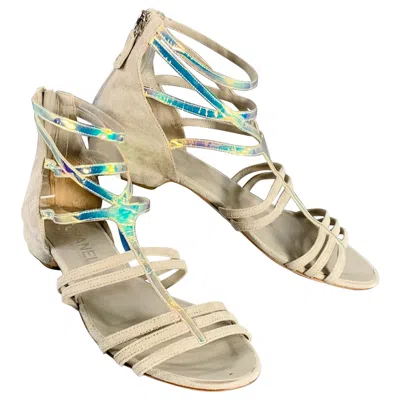 Pre-owned Chanel Size 9.5 Grey Iridescent Suede Cage Sandals In Gray