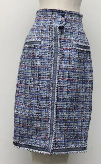 Pre-owned Chanel Skirt Tweed Blue Knee Pockets Zip Front Cc Logo High Waist 36 40