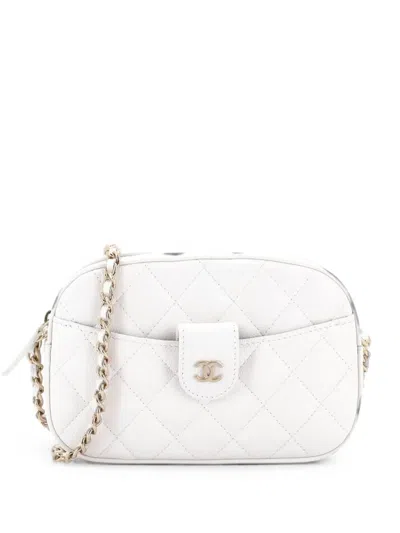 Pre-owned Chanel Slip Pocket Camera Case Bag Quilted Caviar Mini Crossbody Bag In White