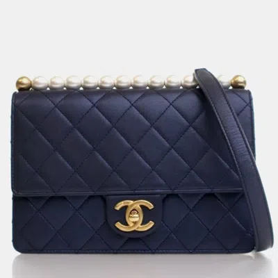 Pre-owned Chanel Small Blue Lambskin Chic Pearls Flap Bag