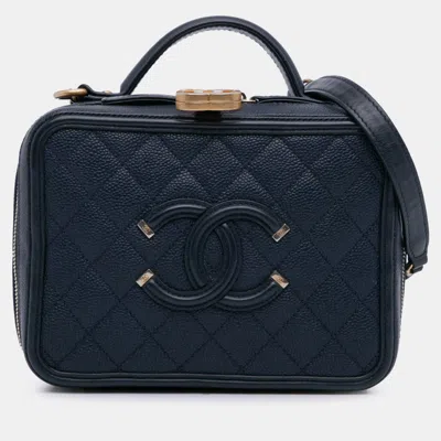 Pre-owned Chanel Small Caviar Filigree Vanity Case In Blue