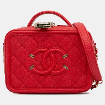 Pre-owned Chanel Small Caviar Filigree Vanity Case In Red