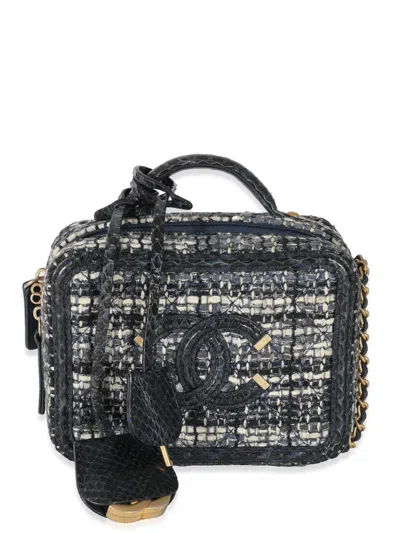 Pre-owned Chanel Small Cc Filligree Tweed Vanity Case Bag In Blue