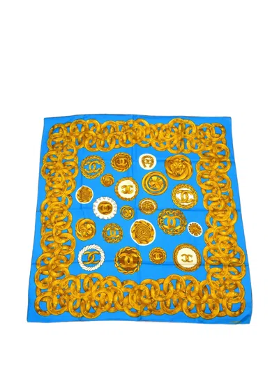 Pre-owned Chanel Small Chain Button Scarf In Blue