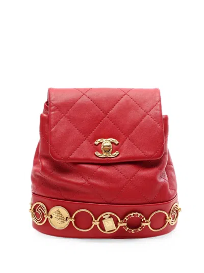 Pre-owned Chanel Small Chain Matelassé Backpack In レッド