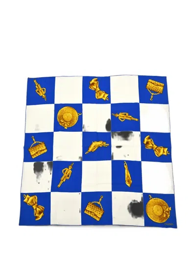 Pre-owned Chanel Small Checked Icon Print Scarf In White