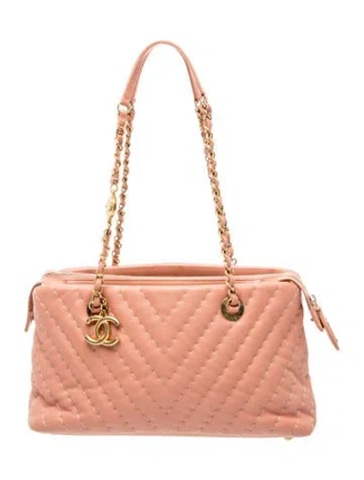 Pre-owned Chanel Small Chevron Surpique Tote In Pink