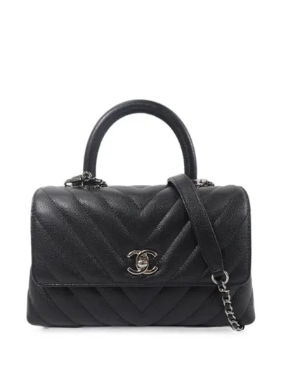 Pre-owned Chanel Small Coco Handle Chevron-quilted Tote Bag In Black