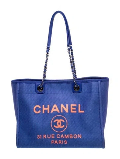 Pre-owned Chanel Small Deauville Shopping Tote In Blue