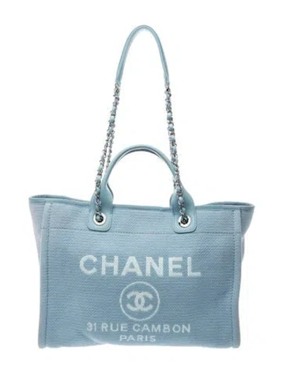 Pre-owned Chanel Small Deauville Shopping Tote In Blue