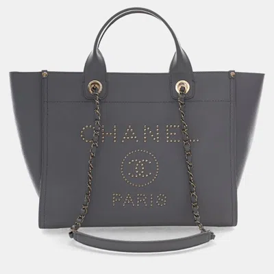 Pre-owned Chanel Small Grey Caviar Studded Deauville Tote In Gray