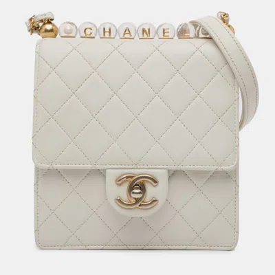 Pre-owned Chanel Small Lambskin Chic Pearls Flap Bag In White