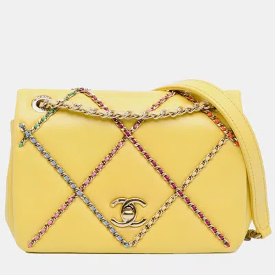 Pre-owned Chanel Small Lambskin Entwined Chain Flap In Yellow