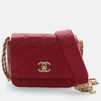 Pre-owned Chanel Small Lambskin Quilted Multiple Chain Flap Bag In Red