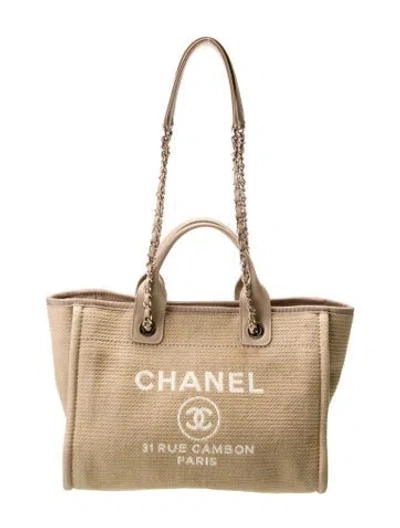 Pre-owned Chanel Small Mixed Fibers Deauville Shopping Tote In Neutral