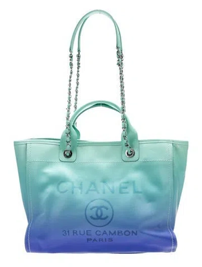 Pre-owned Chanel Small Ombre Deauville Shopping Tote W/ Pouch In Blue