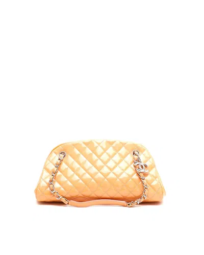 Pre-owned Chanel Small Patent Just Mademoiselle Bowling Bag In Orange
