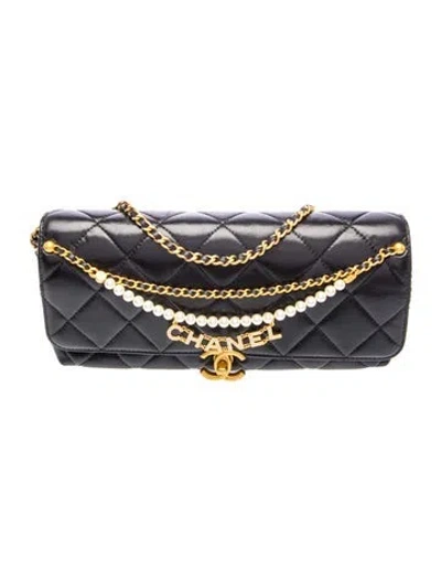 Pre-owned Chanel Small Pearl Logo Flap Bag In Black