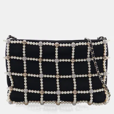 Pre-owned Chanel Small Pearl Satin Frame Evening Bag In Black