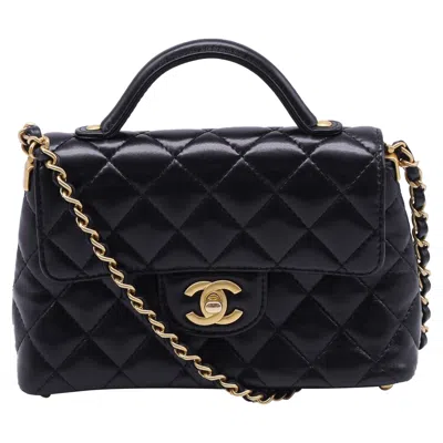Pre-owned Chanel Small Quilted Flap Top Handle Bag In Lamb Leather In Black